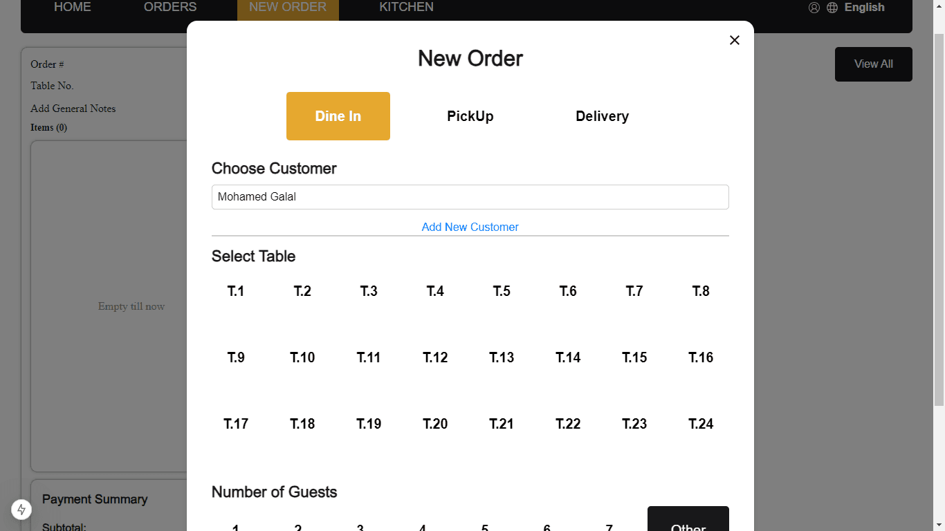 Handle customer information, including table assignments and guest counts for only dine in 