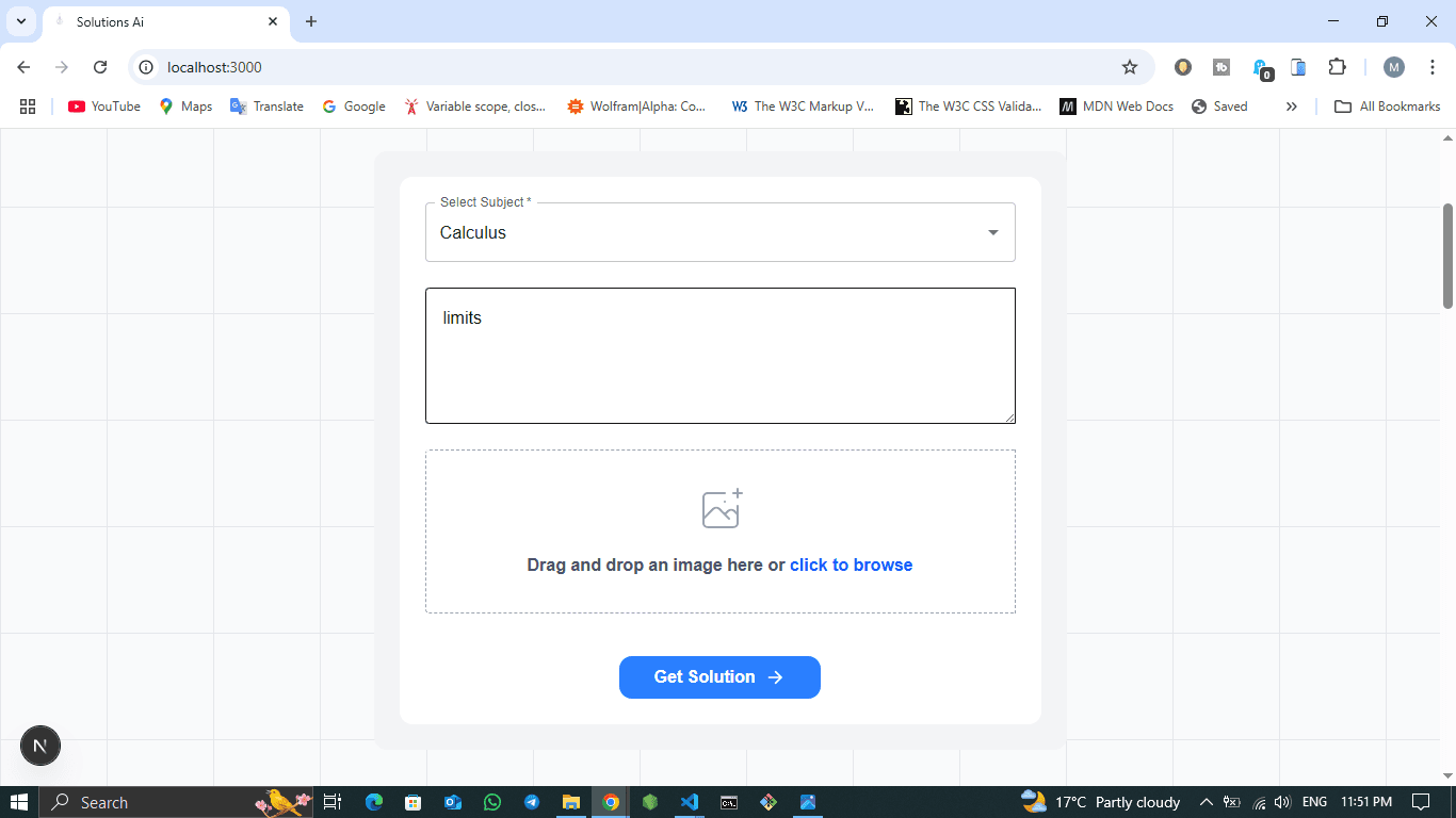 write subject for exmaple 'calculus' and 'limits' for example and click Get Solution you can write equations or  definitions.